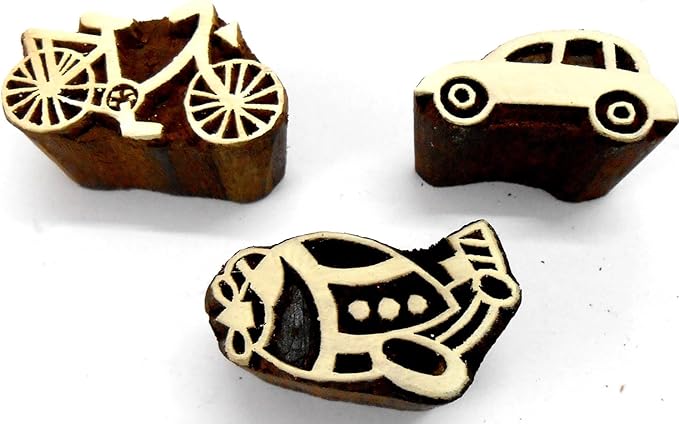 Car Bicycle Plane Wooden Blocks Stamps for Printing on Textiles, Pottery Crafts,Henna, Scrapbooking (Set of 3)
