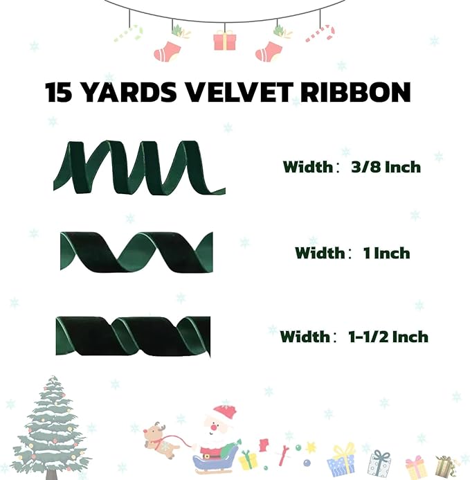 15 Yards Velvet Ribbon 3/8 Inch Single Face Green Velvet Ribbon Spool Prefect for Holiday Wedding, Ribbons for Gift Wrapping, Christmas Tree Ornaments Wreath Hair Bows, Ribbons for Crafts