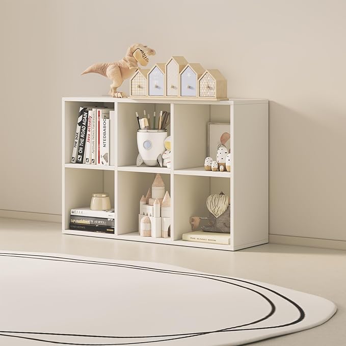 Wood Cube Storage Organizer Closet Cabinet for Living Room Bedroom Study Shelf Bookcase Wooden Floor Standing Open Bookshelf for Kids Home Office Display Storage Cabinet (White, 6-Cube, 11.81in)