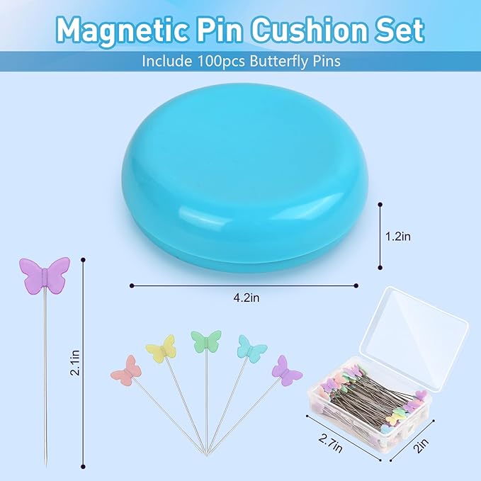 Oukitoymer Magnetic Pin Cushion with 100pcs Butterfly Head Straight Pins, Bobby Pin Holder for Sewing, Magnet Needle Cushion, Paper Clip Collector, Secure Pin Storager, Sewing & Quilting Accessories