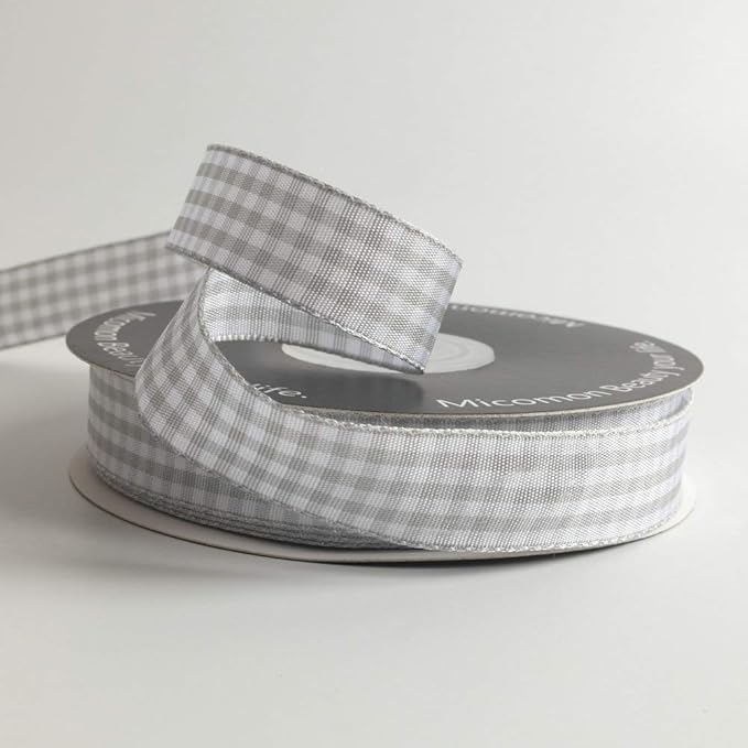 Gingham Ribbon - Gray and White, 25 Yards Each Roll, 100% Polyester (5/8")