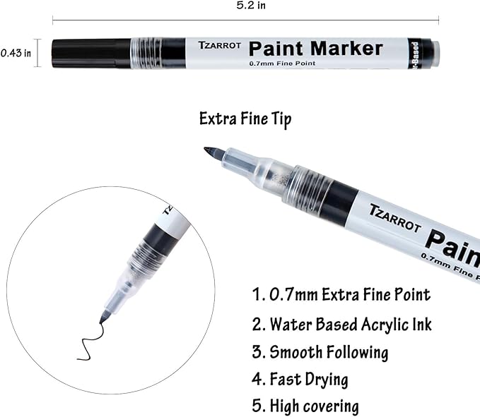 TZARROT White Paint Pen, 8 Pack 0.7mm Acrylic Paint Pens with 2 White 2 Black 2 Gold 2 Silver Permanent Marker for Wood Rock Fabric Metal Plastic Ceramic Acrylic Markers Extra Fine Tip