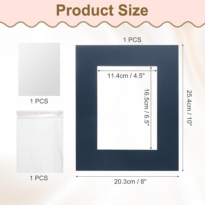 uxcell Picture Mats, 8 x 10 Mat Board Center for 5 x 7 Pictures Acid Free White Core Bevel Cut Frame Mattes with Backing for Display Art Measuring, Dark Blue