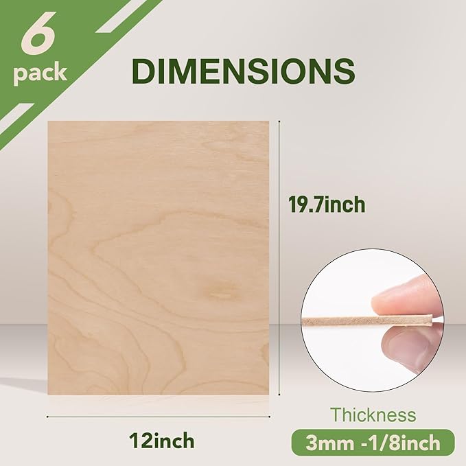 6 Pack Birch Plywood Sheets, 12 x 20 x 1/8 Inch, 3mm Plywood for Laser Cutting, Thin Unfinished Wood Sheets for Architectural Models, Wood Burning and DIY Wood Crafts