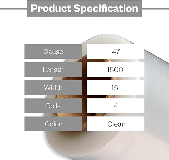 PSBM Stretch Wrap for Packing, 4 Pack of 15 Inch x 1500 Feet, 47 Gauge, High Cling Moving Stretch wrap, Cast Hand Stretch Film Moving wrap Rolls, Strong Plastic Wrap for Moving