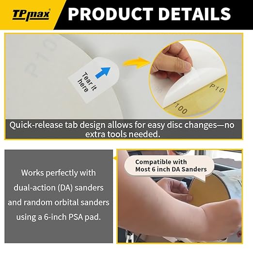 6-Inch 150-Grit Gold PSA Sanding Discs, 50 Pack – Pro-Grade Self-Adhesive Stickyback Sandpaper with Quick-Release Tabs for DA Sander, Medium-Fine Automotive/Wood/Metal Sanding