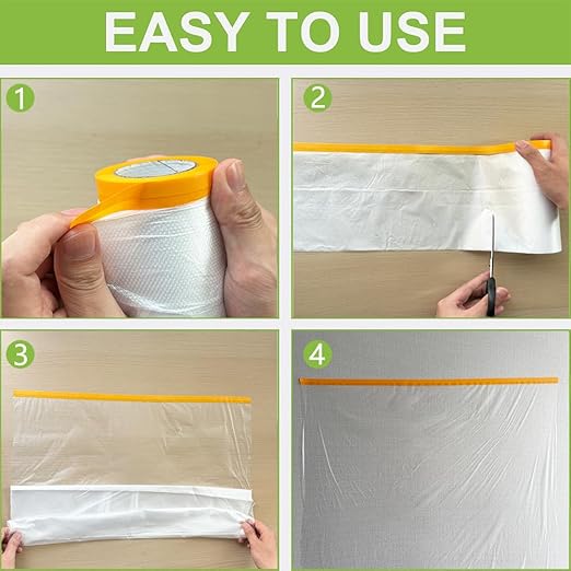 Pre-Taped Masking Film-43inx65ft Tape and Drape Painters Plastic Rolls, Plastic Painting Film for Automotive Painting Covering,Protective Drop Film for Furniture, Car, Floor (2rolls, 43in×65ft)