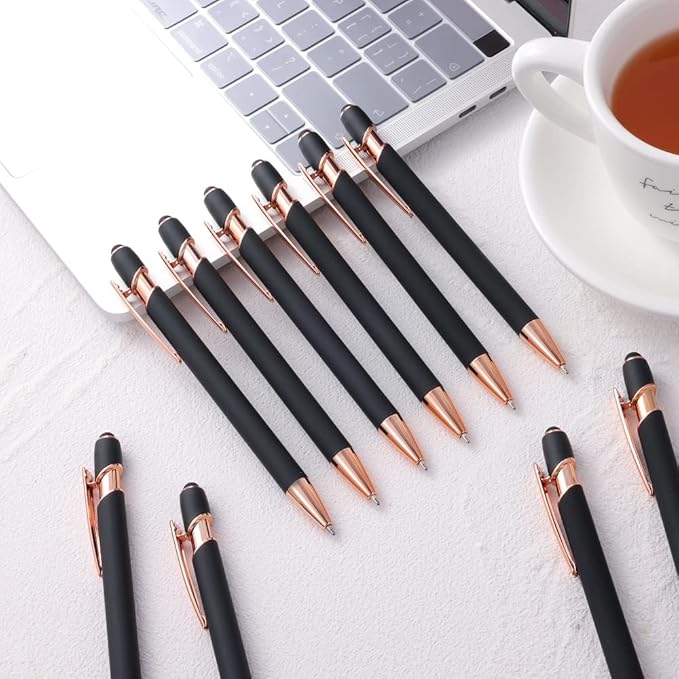 12 PCS 2 in 1 Stylus Ballpoint Pen with Stylus Tip, 1.0 mm Black Ink Metal Pen Stylus Pen for Touch Screens (Rose Gold & Black)