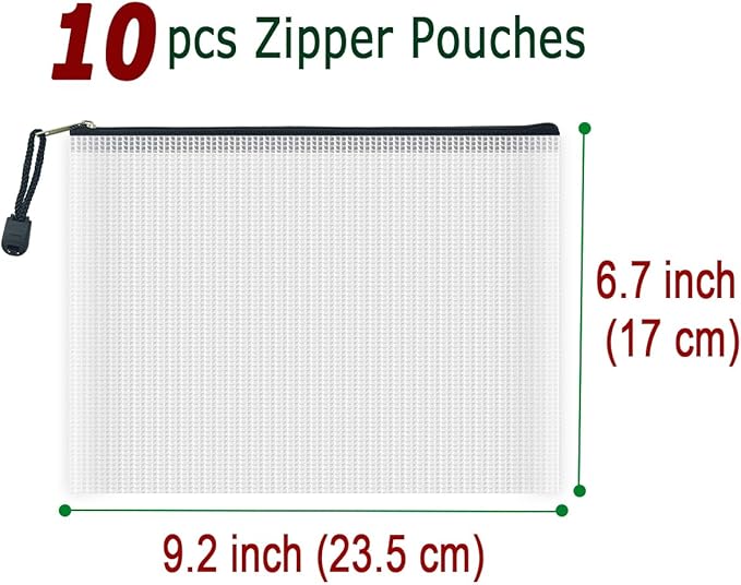 AUSTARK 10 Pcs Zipper File Bags, Waterproof Plastic Mesh Pouch for Office School, Board Game Storage Bags (A5 Size 9.2''x6.7'', White and Black)