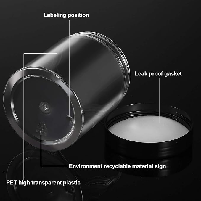 SATINIOR 12 Pack 10 oz Plastic Container Jars with Lids Round Clear Travel Cosmetic Container Slime Jars for Toiletries, Lotion, Cream, Ointments, Makeup, Rhinestone, Samples, Kitchen Storage(Black)