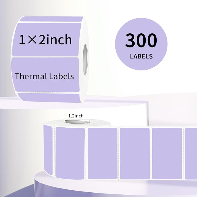 2x1 Inch Thermal Labels, Purple Thermal Printer Stickers, Waterproof Self-Adhesive Shipping Label Printer Sticker for Barcode, Name, Address, 300 Labels/Roll