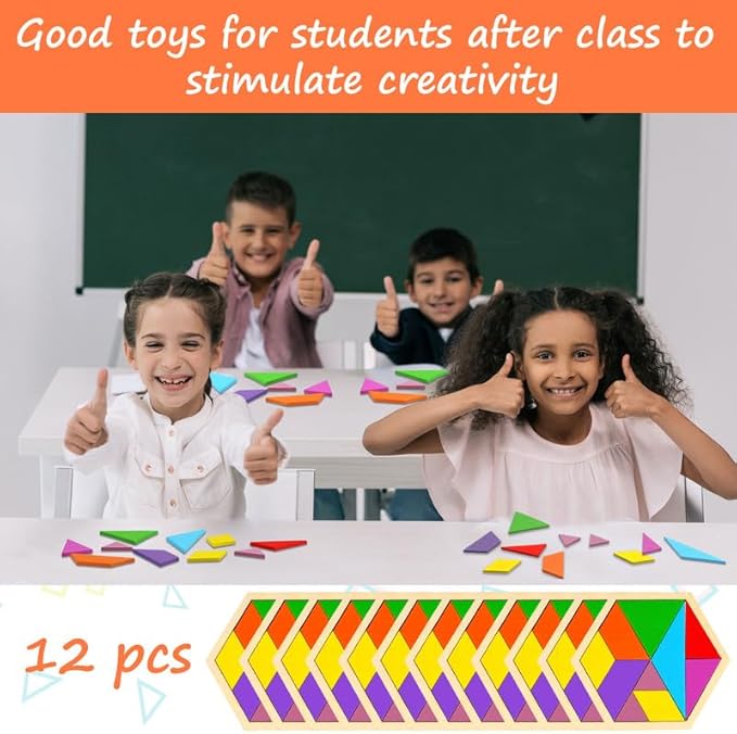 Meooeck 12 Pack Tangrams Wooden Puzzles Tangrams Classroom Set for Kids Shape Puzzles Brain Logic Blocks for Games Educational Gifts for Adults Kids Ages 4-8 8-12(Hexagon Style)