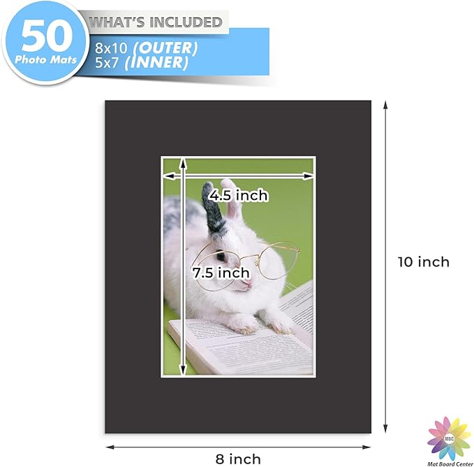 Mat Board Center, Pack of 50, 8x10 for 5x7 Black Mats - Acid Free, 4-ply Thickness, White Core - for Pictures, Photos, Framing