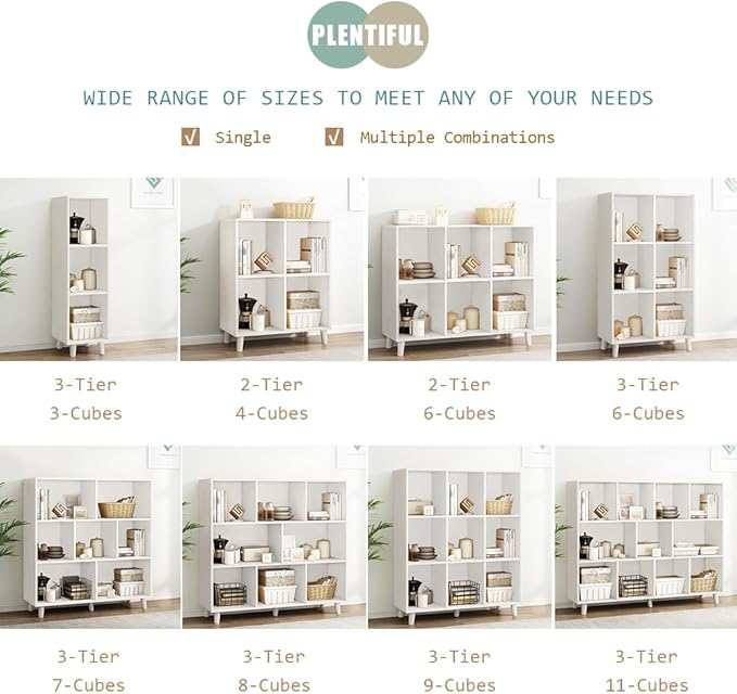 IOTXY Open Cube Low Bookcase - 3-Tier Freestanding Storage Display Cabinet Organizer with Legs for Home Office, 11-Cubes Open Shelf Short Bookshelf, White