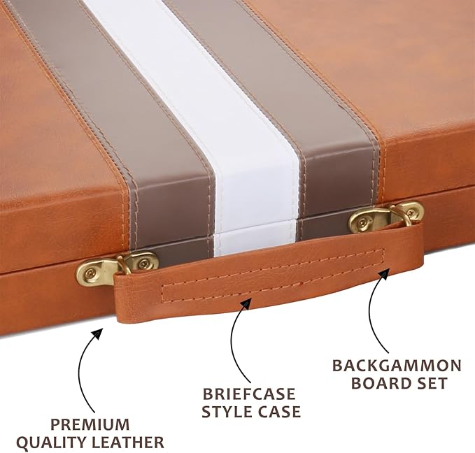 Backgammon Set - Classic Board Game with Premium Leather Case - Portable Travel Strategy Backgammon Game Set for Adults, Kids (18inch, Brown)