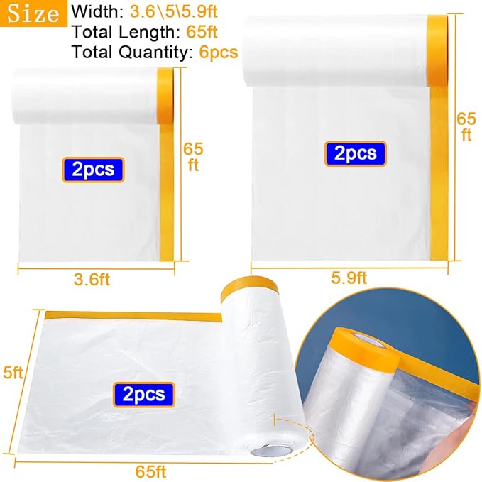 6 Pack Protective Masking Film with Tape 3.6/5/6 x 65 Ft Car Painters Plastic Sheeting Roll Tape and Drape Masking Film for Automotive Painting Covering Furniture, Auto Body, 3 Size