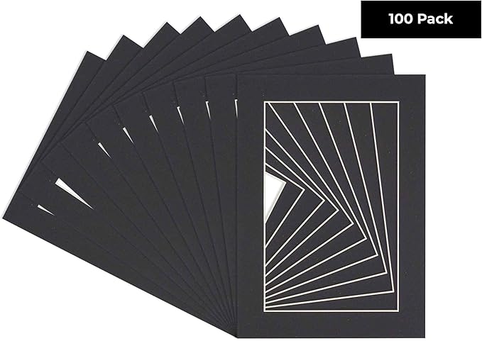 6x8 Mat for 8x10 Frame - Precut Mat Board Acid-Free Show Kit with Backing Board, Clear Bags, Black Photo Matte Made to Fit a 8x10 Picture Frame Matboard, Pack of 100