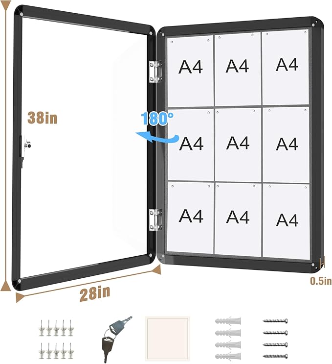 38"x28" Enclosed Bulletin Board, Lockable Weather-Resistant Aluminum Cork Noticeboard for Hospital School & Office, Black Frame w/Grey Flet