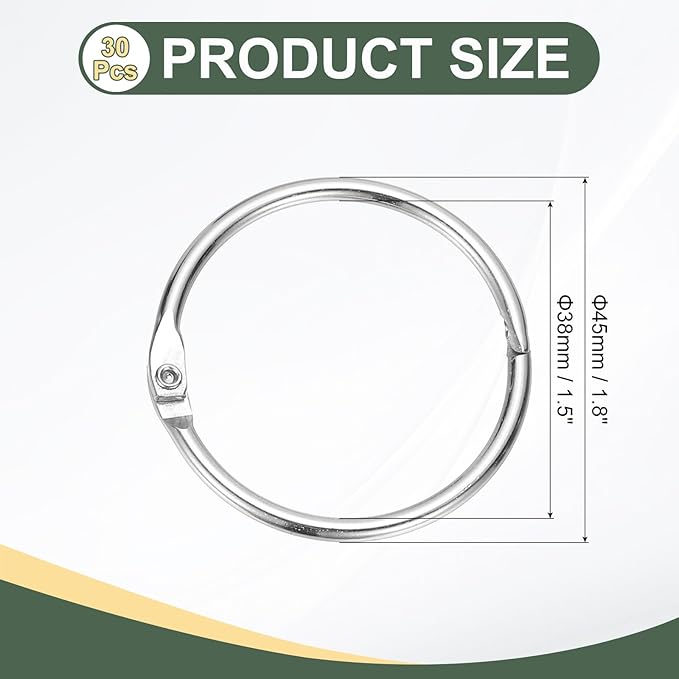 PATIKIL 1.5" x 1.8" Loose Leaf Binder Rings, 30 Pcs Metal Book Rings Nickel Keychain Ring for Paper Index Cards Flash Card Notebook Rings Office Home Book Binder, Silver Tone