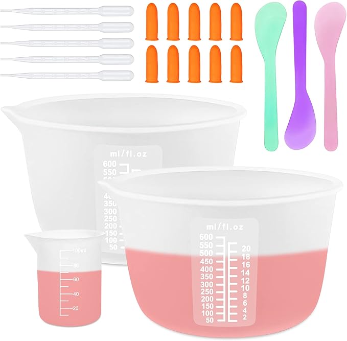 Silicone Measuring Cups Tool Kit, Non-Stick Large Bowls for Epoxy Resin, Reusable 600&100ml Mixing Cup With Stir Sticks, Pipettes, Supplies, Molds, Jewelry Making