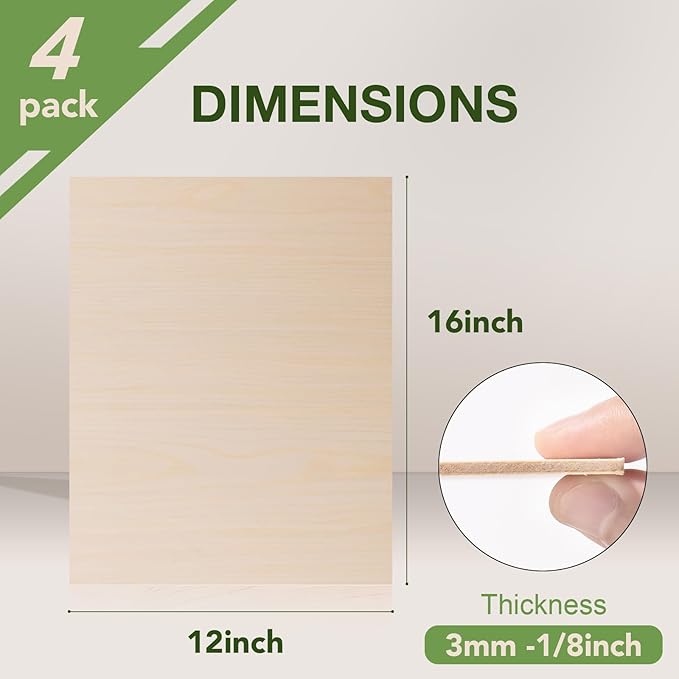 4 Pack Maple Plywood Sheets, 12 x 16 x 1/8 Inch, 3mm Plywood for Laser Cutting, Thin Unfinished Wood Sheets for Architectural Models, Wood Burning and DIY Wood Crafts