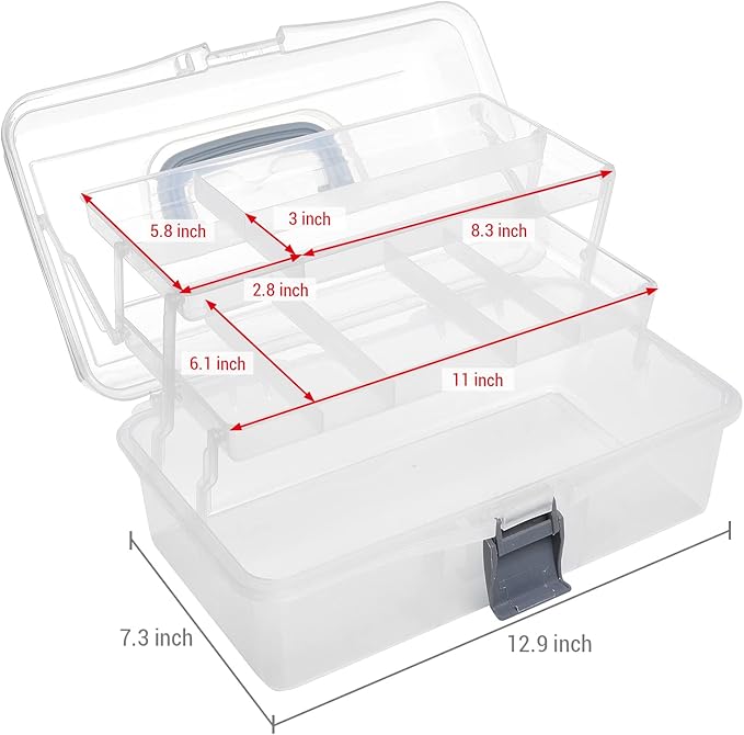 MyGift 13 Inch Transparent Plastic Empty Multipurpose Storage Box with Gray Handle, Latching Lid and 2 Expandable Trays for Tools, First Aid, Sewing Kit, Arts Crafts Supplies