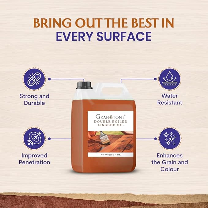 GRANOTONE Double Boiled Linseed Oil | Effective Waterproof Furniture Polish Oil, Used for Wood Finishing, Sports Goods Like Cricket Bat, Filling Cracks, Mixing with Paint and Wall Putty, 1 Ltr