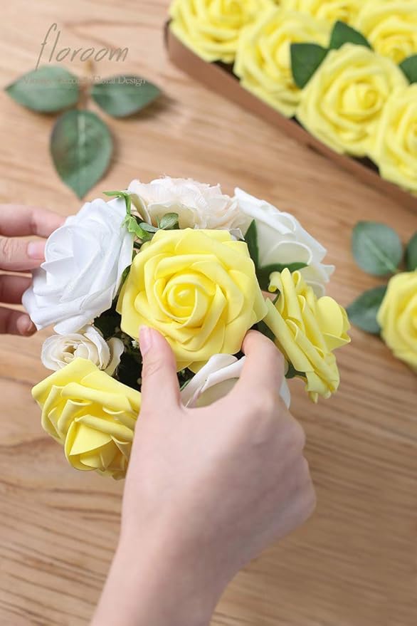 Floroom Artificial Flowers 25pcs Real Looking Canary Yellow Foam Fake Roses with Stems for DIY Wedding Bouquets Baby Shower Centerpieces Floral Arrangements Party Tables Home Decorations