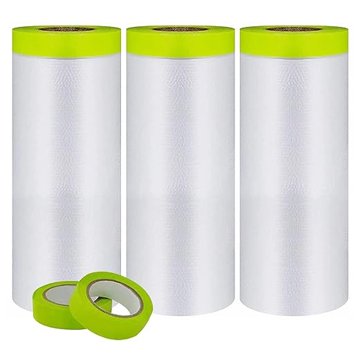 Pre-Taped Masking Film-55inx65ft Tape and Drape Painters Paper Rolls, Plastic Painting Film for Automotive Painting Covering （Masking Film:3rolls,Tape:2rolls）