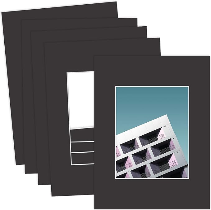 MBC Mat Board Center, 5 Pack 12x16 for 8x10 Black Picture Mats Frame Mattes, Bevel Cut, Acid Free, 4-ply Thickness