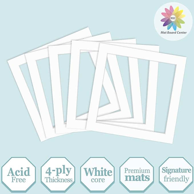 MBC Mat Board Center, 5 Pack 12x12 for 10x10 White Picture Mats Frame Mattes, Bevel Cut, Acid Free, 4-ply Thickness