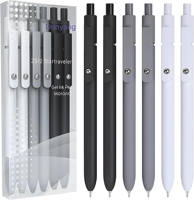 Gel Pens, 6PCS Black Ink Fine Point Pens With Smooth Writing, School Office Supplies, Anniversary Birthday Gifts for Men Women, Quick Dry Pen For Journaling, Nurse Aesthetic Pen (Black Gray White)