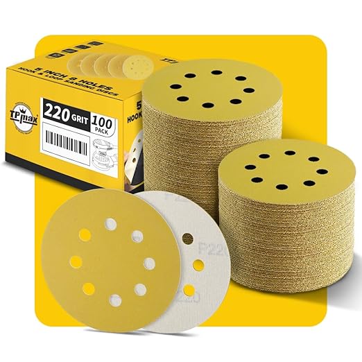100PCS 5 Inch 220 Grit 125mm 8 Hole Sanding Discs Sandpaper - Premium Gold Round Hook and Loop for Random Orbital Sander - Ideal for Wood, Metal, Automotive