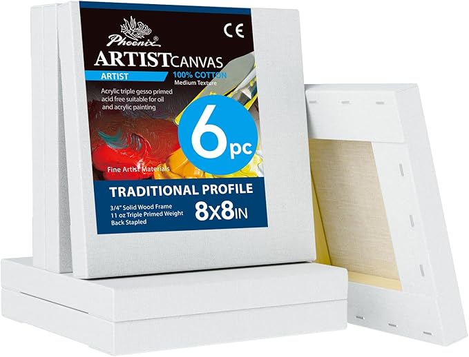 PHOENIX 8x8 Inch 6 Pack Artist Canvas - Small Square Stretched Canvases for Painting - 3/4 Inch Profile, 100% Cotton 11 Oz. Gesso Primed White Blank Professional Canvas Oil & Acrylic Paints