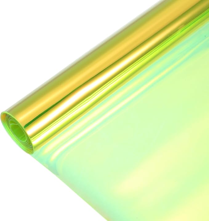 MECCANIXITY Holographic Clear PVC Vinyl Film Holographic PVC Fabric Waterproof Dichroic Film 12 x 48 Inch for Handbags Bows Earrings DIY Craft,Laser Light Yellow