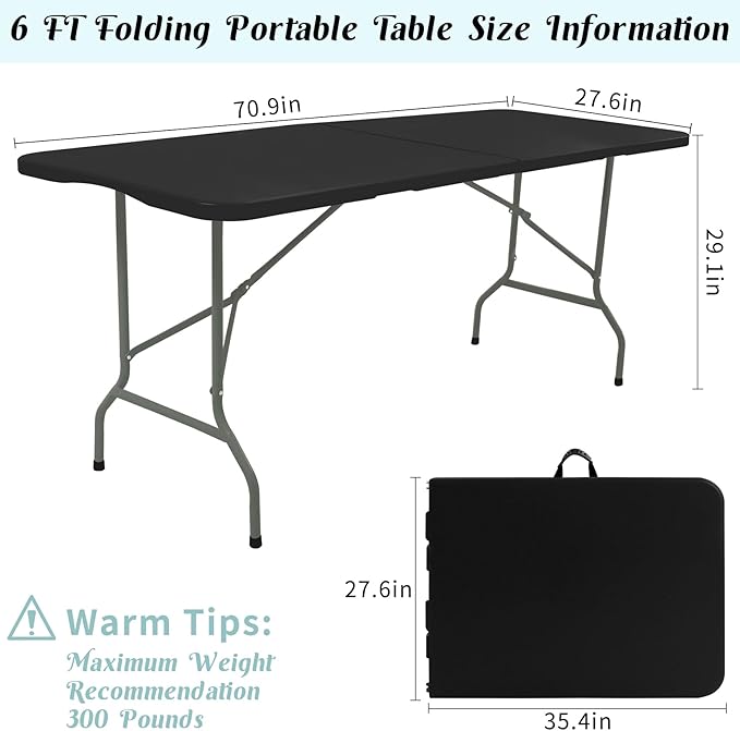 2 Pack 6 FT Folding Tables Black Foldable Table, Fold-in-Half with Carrying Handle Portable Plastic Rectangular Table for Party, Dining, Wedding, Camping, Picnic, Indoor Outdoor Events