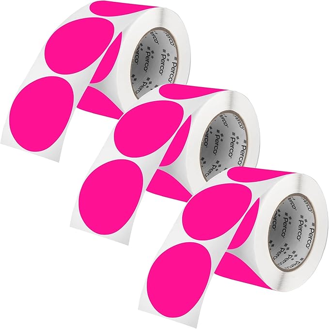 Perco Fluorescent Pink 3-Inch Round Circle Dot Sticker Labels - Multi-Roll Pack (3 Rolls, 500 Labels Each) - Permanent Adhesive, Vibrant Colors, Strong Hold - Perforated for Easy Use - Made in USA
