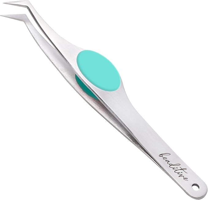 Beaditive High Precision Angled Tip Tweezers with Cushion Grip - 4.7" Craft Tweezers for Sewing, Beading & DIY Crafts - Non-Serrated Jewelry Tweezers with Fine Angled Tips - Stainless Steel (Teal)