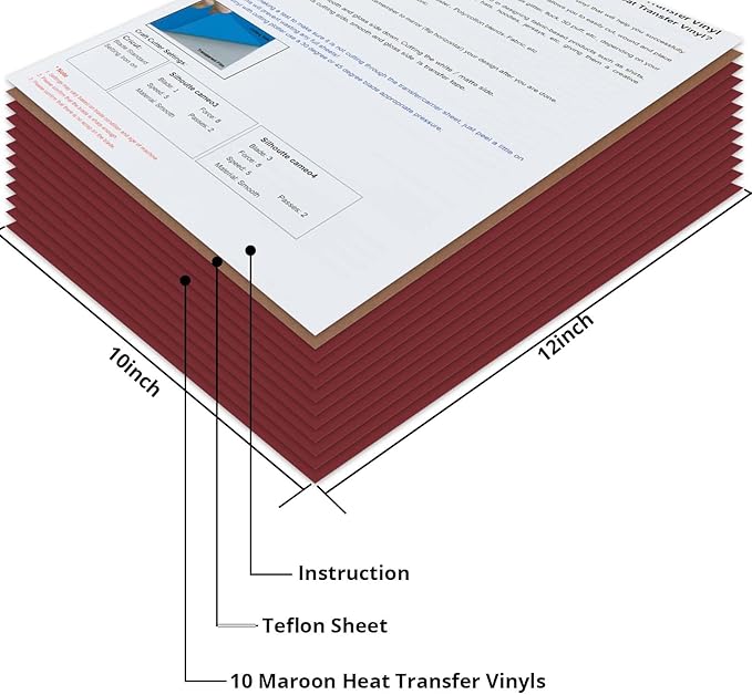JANDJPACKAGING Maroon Heat Transfer Vinyl for T- Shirts- 10 Sheets,10"x12" Maroon HTV Iron On Vinyl Compatible with Cricut Cutting Machine and Silhouette Cameo Including PTFE Sheet