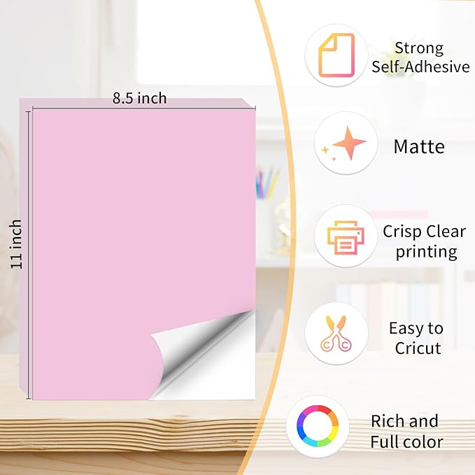 Printable Sticker Paper, 20 Sheets Pink Printable Sticker Paper, Laser/Inkjet Printing- Matte Pink, Letter Size (8.5" x 11")