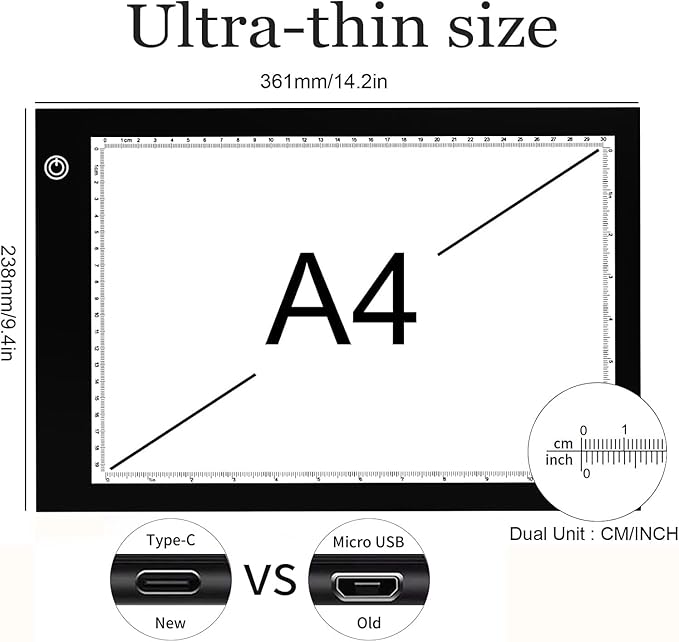 Light Box Drawing Pad, Tracing Board with Type-C Charge Cable and Brightness Adjustable for Artists, AnimationDrawing, Sketching, Animation, X-ray Viewing (A4) Not Rechargeable