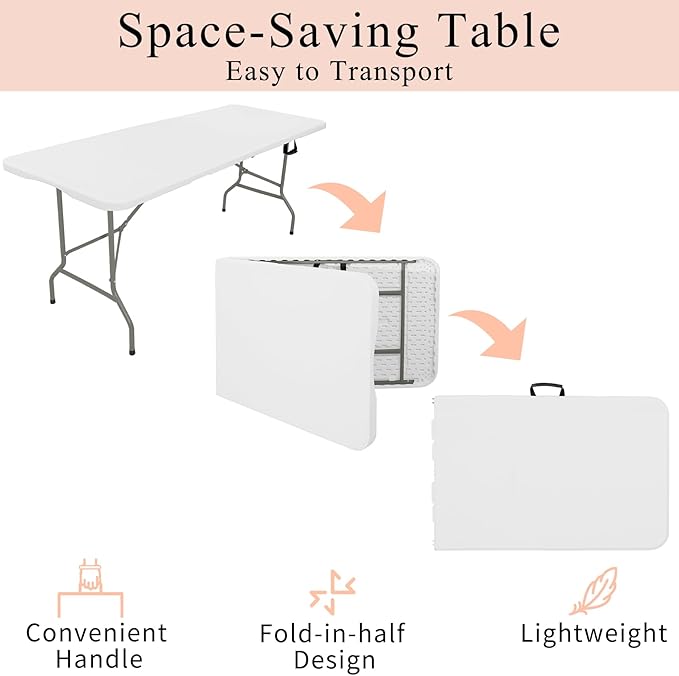 Folding Tables with Carrying Handle Heavy Duty Rectangular Portable Plastic Camping Table Steel Legs for Party, Dining, Wedding, Events, Picnic Indoor, Outdoor (8FT, White)
