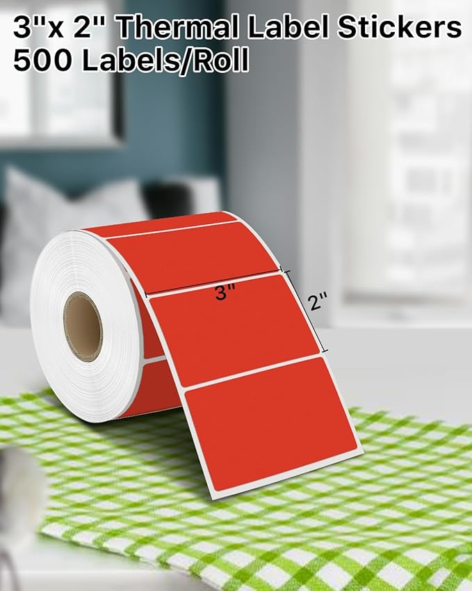 iEager 3" x 2" Thermal Labels, Rectangle Thermal Printer Stickers, Self-Adhesive Durable Sticker with Perforation Line, 500 Labels/Roll, Red