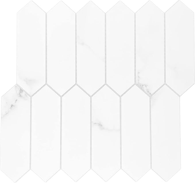 SUNWINGS Backsplash Tile for Kitchen Peel and Stick, Stone Composite Self Adhesive Tiles Faux Marble Pattern Long Hexagon Mosaic Wall Tile for Kitchen, 12 Inch x 11.22 Inch 10 Sheets White Marble