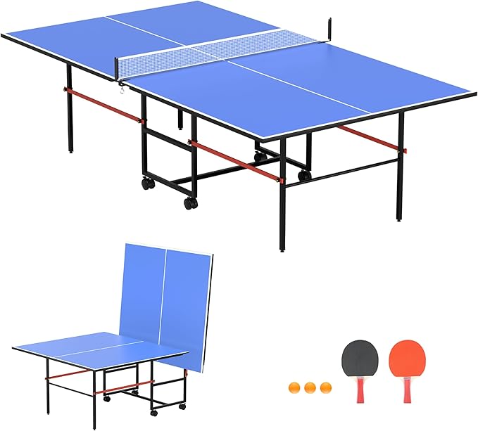 Professional Foldable Ping Pong Table for Indoor & Outdoor - 8FT Mid-Size Table Tennis Table with Net, 2 Table Tennis Paddles and 3 Balls - Quick & Easy Assembly