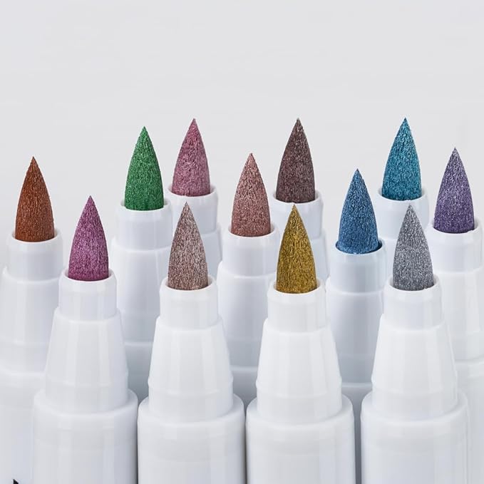 Arrtx 12 Colors Metallic Acrylic Paint Pens for Rock Painting, Extra Fine Tip Metallic Brush Marker for Rock Painting, Ceramic, Glass, Canvas, Mug, Wood, Easter Egg, Waterproof Paint DIY Crafts Making