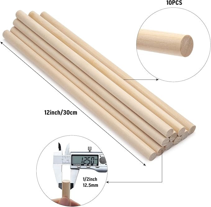 Wooden Dowel Rods Wood Dowels, 10PCS 1/2 x 12 Round Wooden Sticks for Crafts, Macrame Dowels, Unfinished Hardwood Sticks for Crafting, Arts and DIYers, Tiered Cake Support and Wedding Ribbon Wands