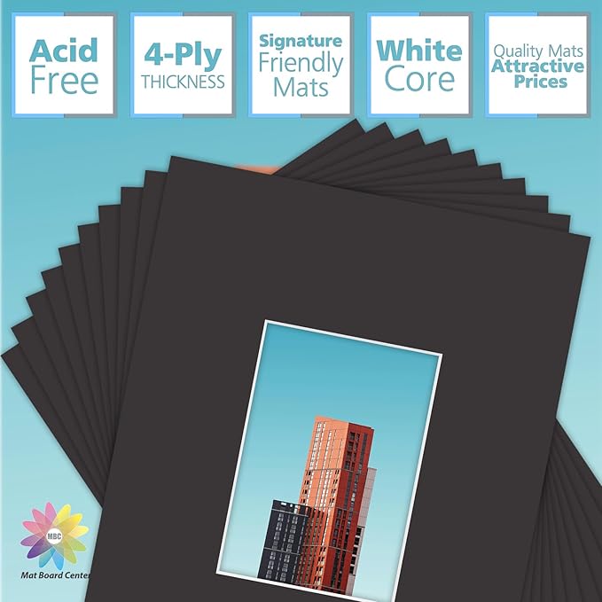 MBC MAT BOARD CENTER, 10 Pack 11x14 for 5x7 Black Picture Mats Frame Mattes, Bevel Cut, Acid Free, 4-ply Thickness