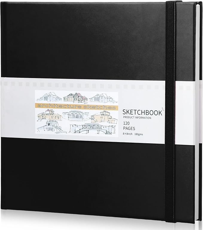 Moinchore Back to School Gifts Square Sketchbook 8 x 8 Inch Hardcover Art Sketch Book Drawing Papers 120 Pages, Mixed Media Journal Notebook with Elastic Closure Sketchbook for Drawing(Black)