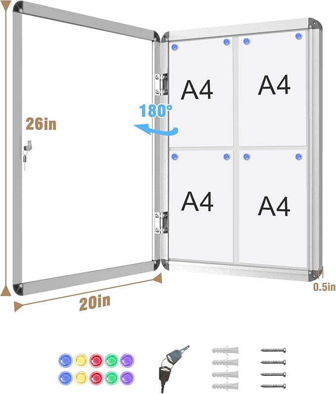 26"x20" Enclosed Bulletin Board, Lockable Weather-Resistant Aluminum Noticeboard for School & Office, Silver Frame w/Magentic Whiteboard